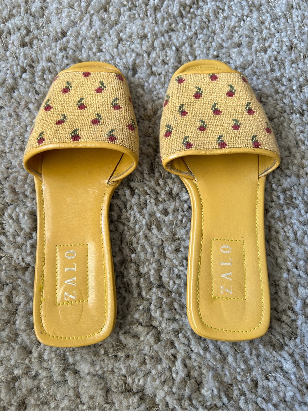 Zalo Yellow Cherry-Print Square-Toe Slide Mules